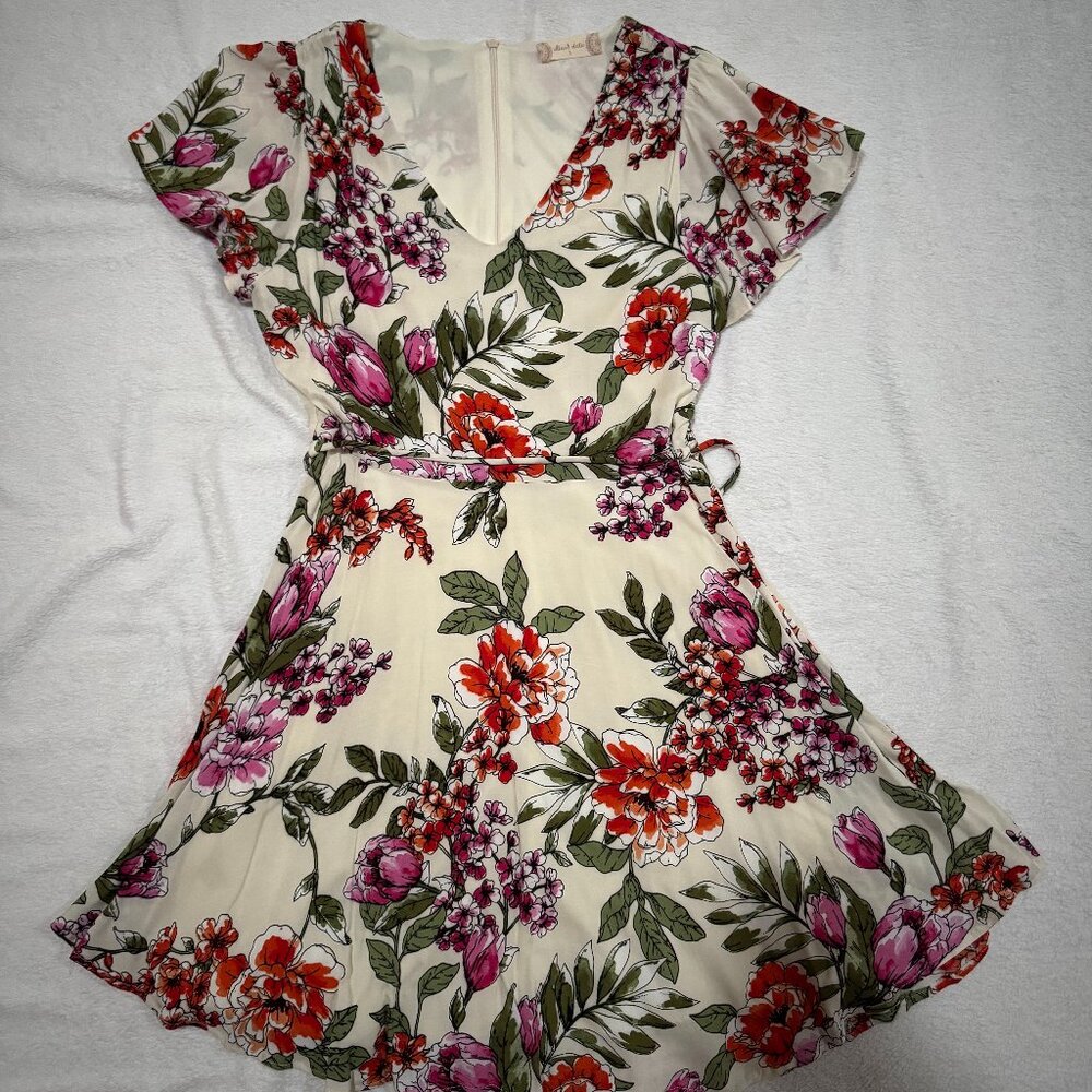 Altar'd State | Cream Pink Orange Green V-Neck Floral Mini Dress | Small